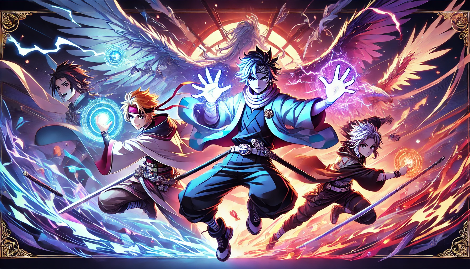 A dynamic anime-themed banner featuring powerful characters in action poses, with energy effects, lightning, and fire in the background. The characters include a hero with glowing fists, a swordsman with a shimmering blade, and a mage casting a spell.