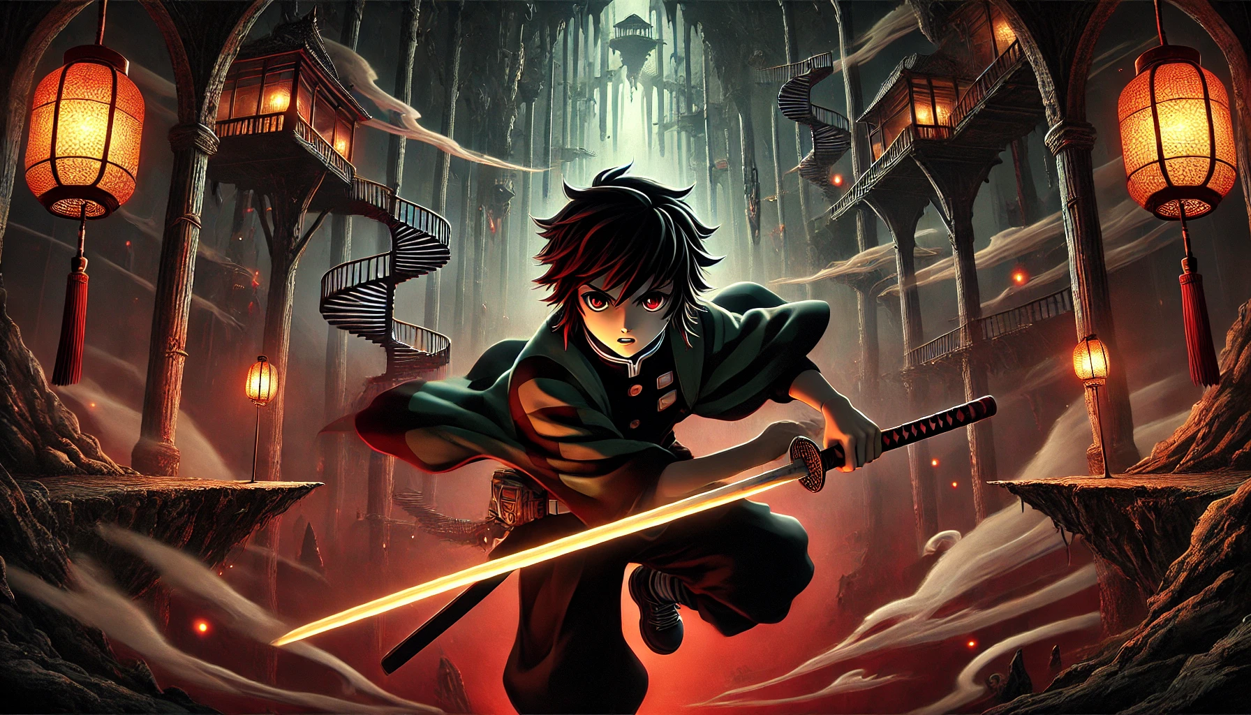 A dramatic and atmospheric illustration inspired by Demon Slayer: Mugen Castle Arc. A young swordsman grips a glowing katana in a determined battle stance, surrounded by a dark castle with floating staircases and eerie red lighting.