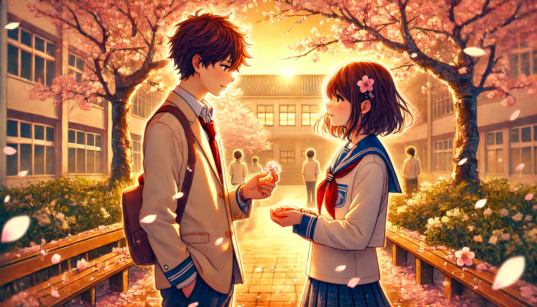 A romantic anime-style illustration of a high school boy and girl in uniforms standing under cherry blossom trees, smiling at each other as petals fall around them in a sunlit school courtyard.