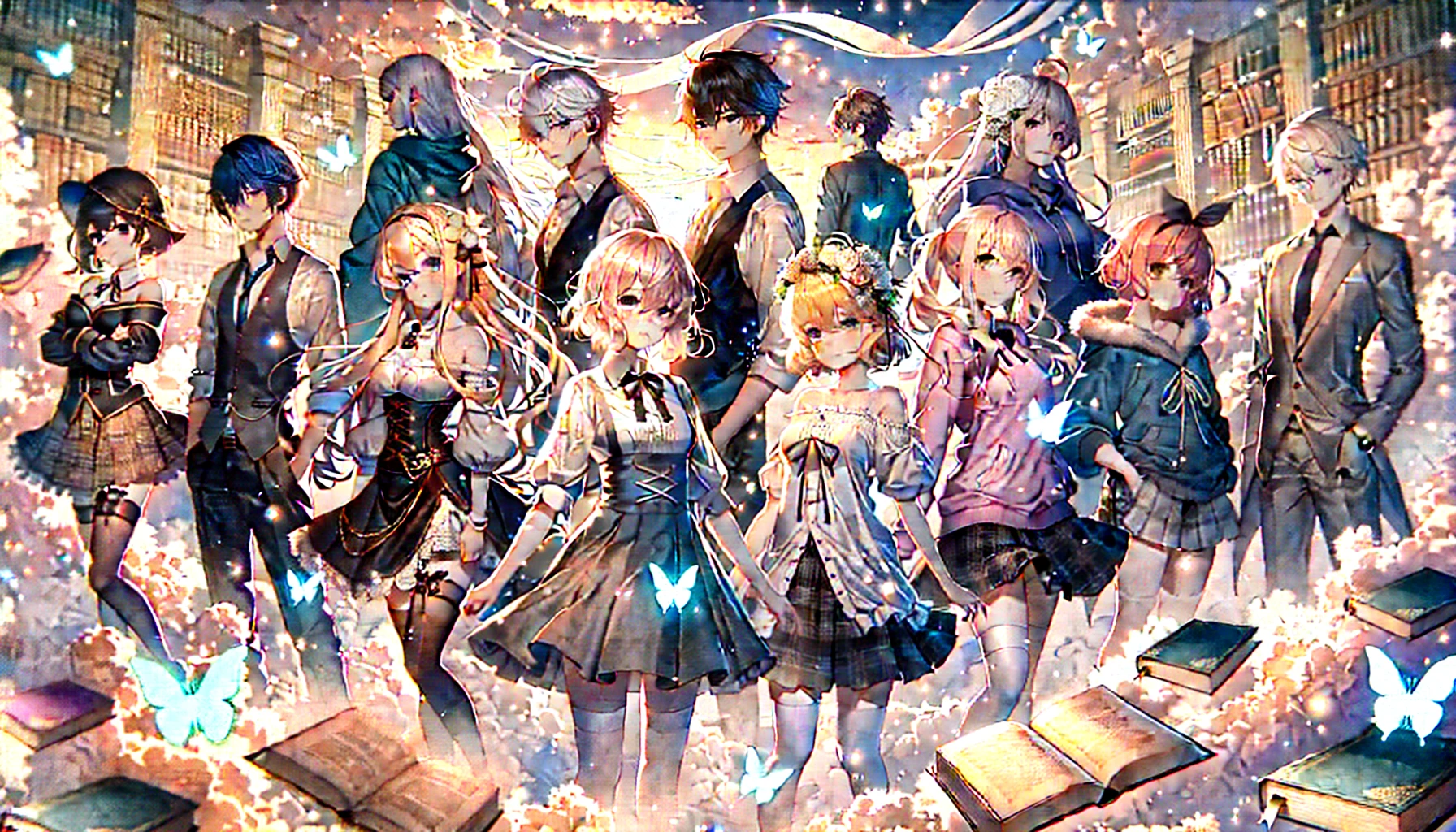 Anime-style illustration of ten modestly dressed characters in a fantasy world with glowing books and clouds.