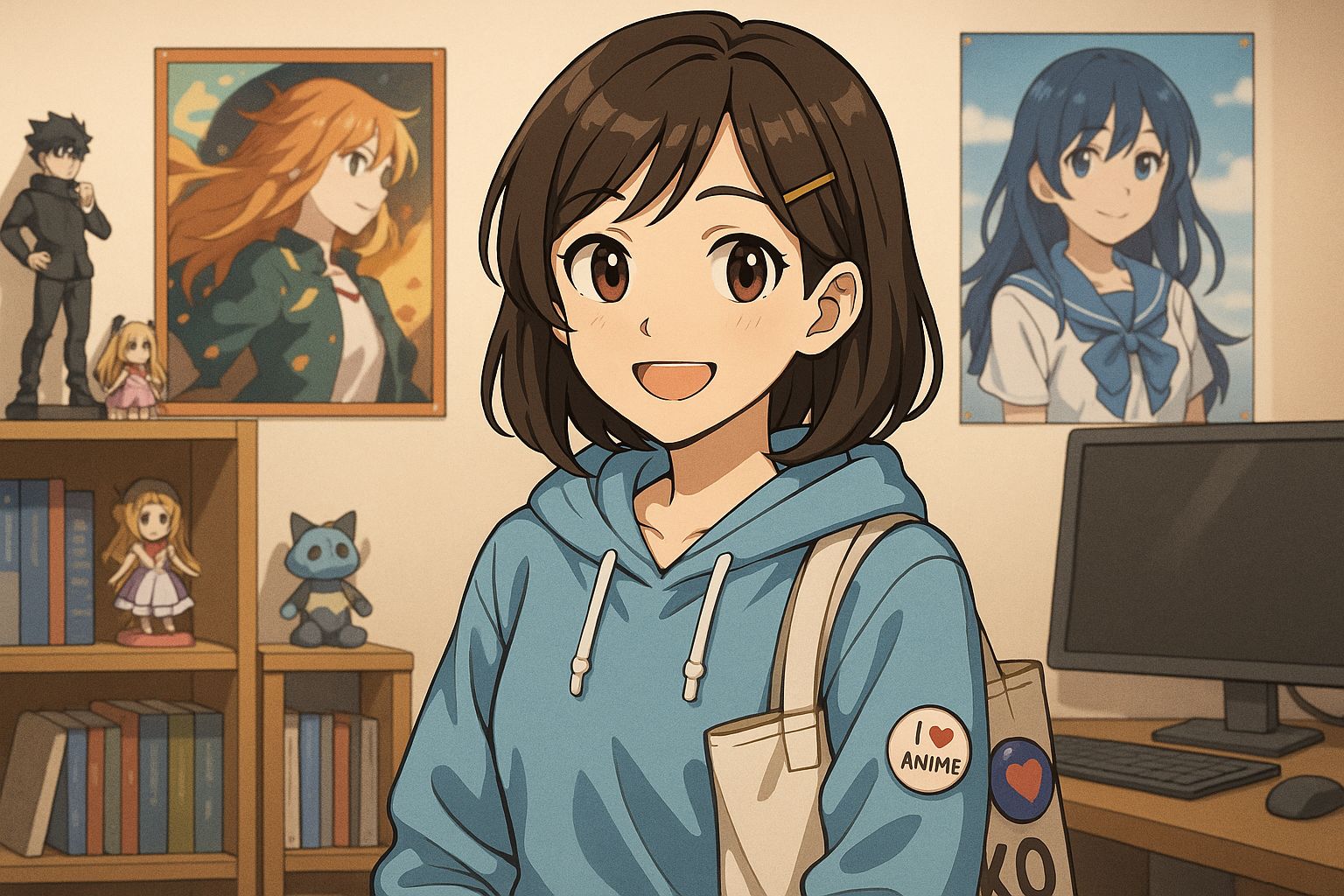 Anime-loving young Japanese woman smiling in a cozy room with anime posters, figures, and a computer desk in the background, wearing a hoodie and carrying a tote bag.